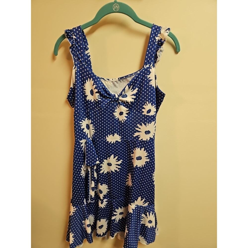 Blue and White Polka Dot Mock Wrap Dress with Flowers Size Small - Picture 2 of 8
